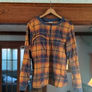 Columbia Half Zip 100% Cotton Long Sleeve Yellow Plaid Shirt Size L